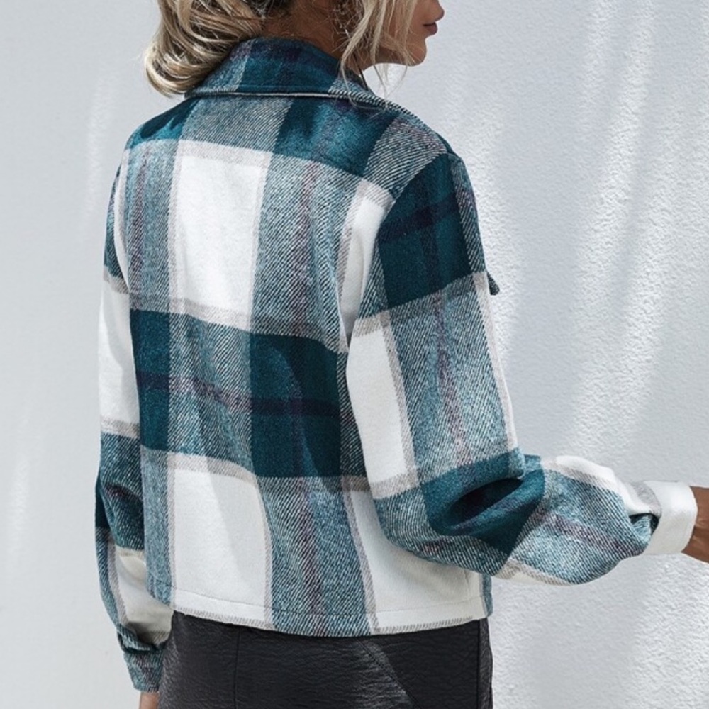 Boho plaid blue  oversized pocket detail button up jacket shachet - Picture 8 of 8